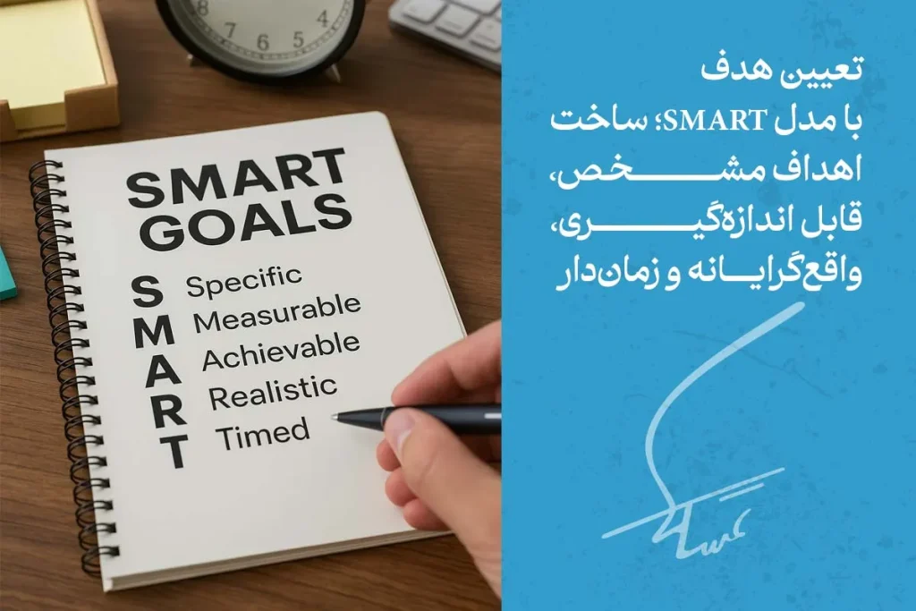 دفترچه اهداف با نوشته SMART goals نشان‌دهنده مدل SMART برای نوشتن اهداف مشخص، قابل‌اندازه‌گیری و واقع‌بینانه