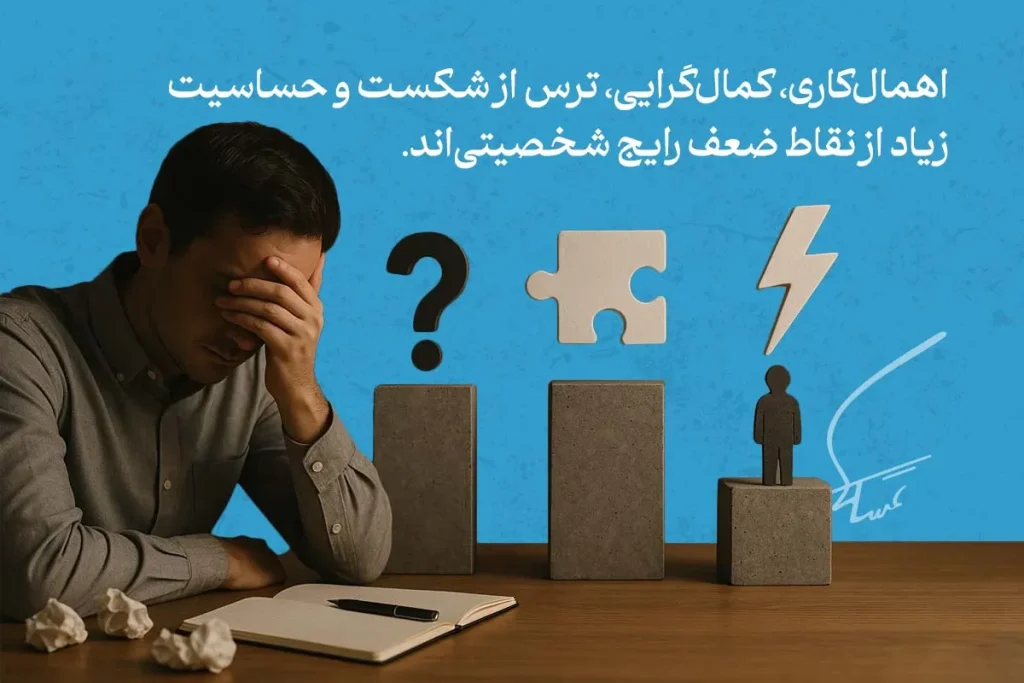 تصویر فردی ناراحت پشت میز با دفترچه باز که نشان‌دهنده نقاط ضعف شخصیتی مانند اهمال‌کاری و ترس از شکست است.