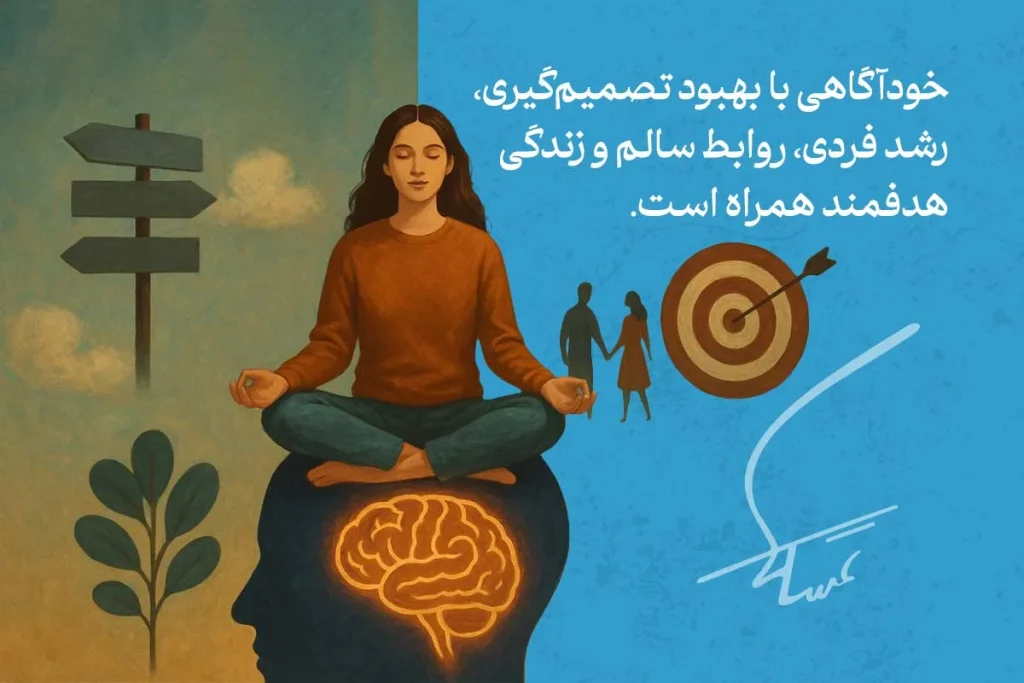 تصویری از مدیتیشن و تمرکز ذهن که نشان‌دهنده نقش خودآگاهی در رشد فردی، بهبود تصمیم‌گیری و روابط سالم است.