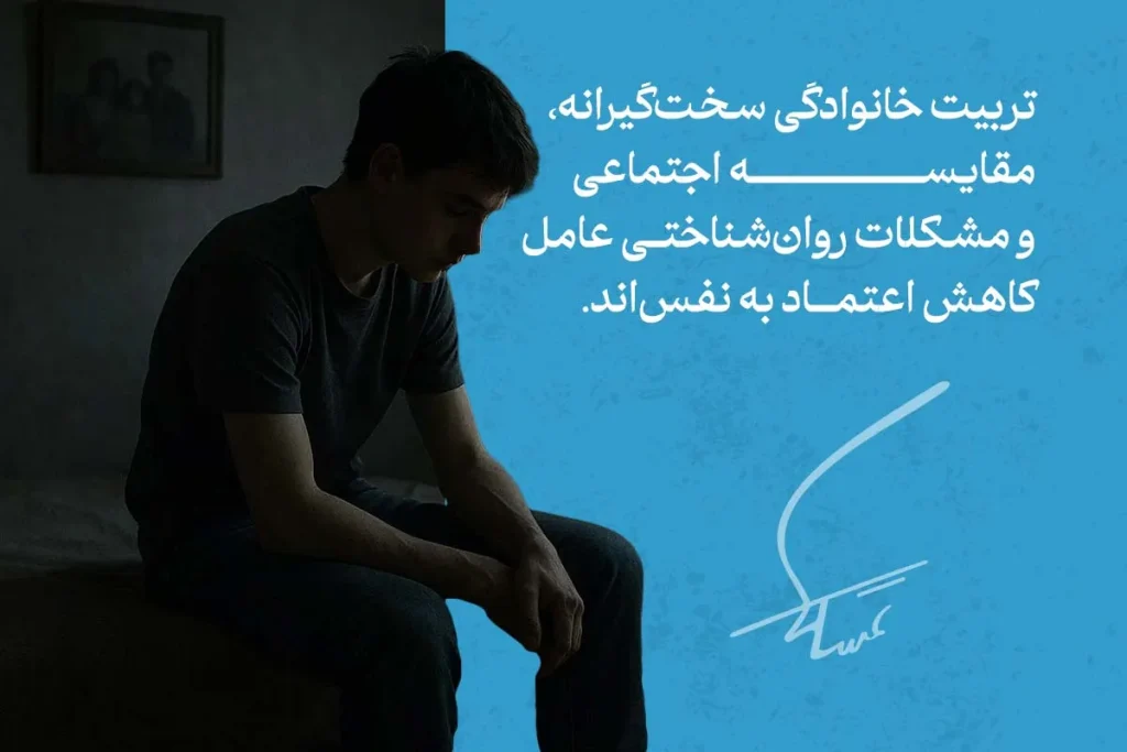 تصویر مرد ناراحت و افسرده روی تخت که نشان‌دهنده عوامل روانی و اجتماعی مؤثر بر کاهش اعتماد به نفس است