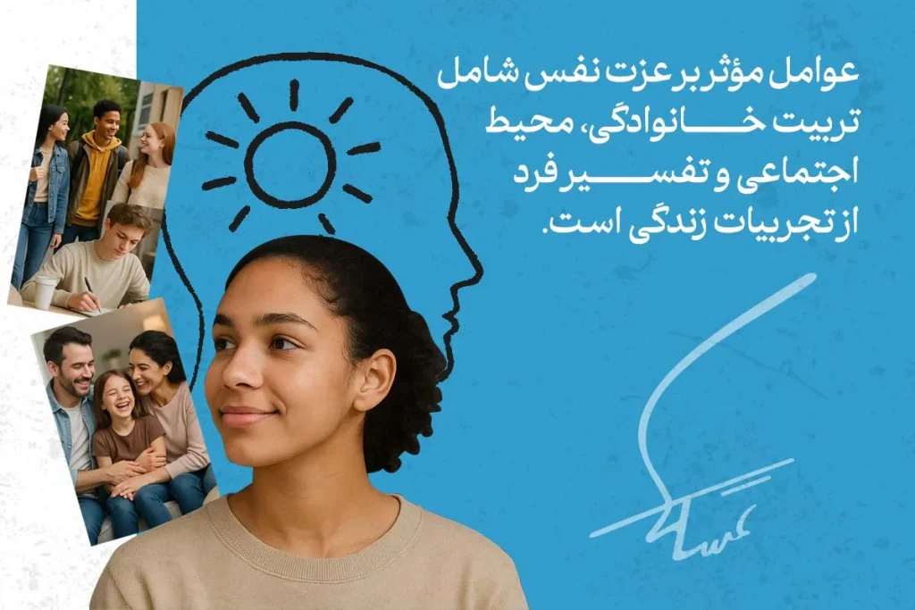 دختر جوان با لبخند نمادی از عوامل موثر بر عزت نفس مانند خانواده، محیط اجتماعی و تجربه‌های زندگی