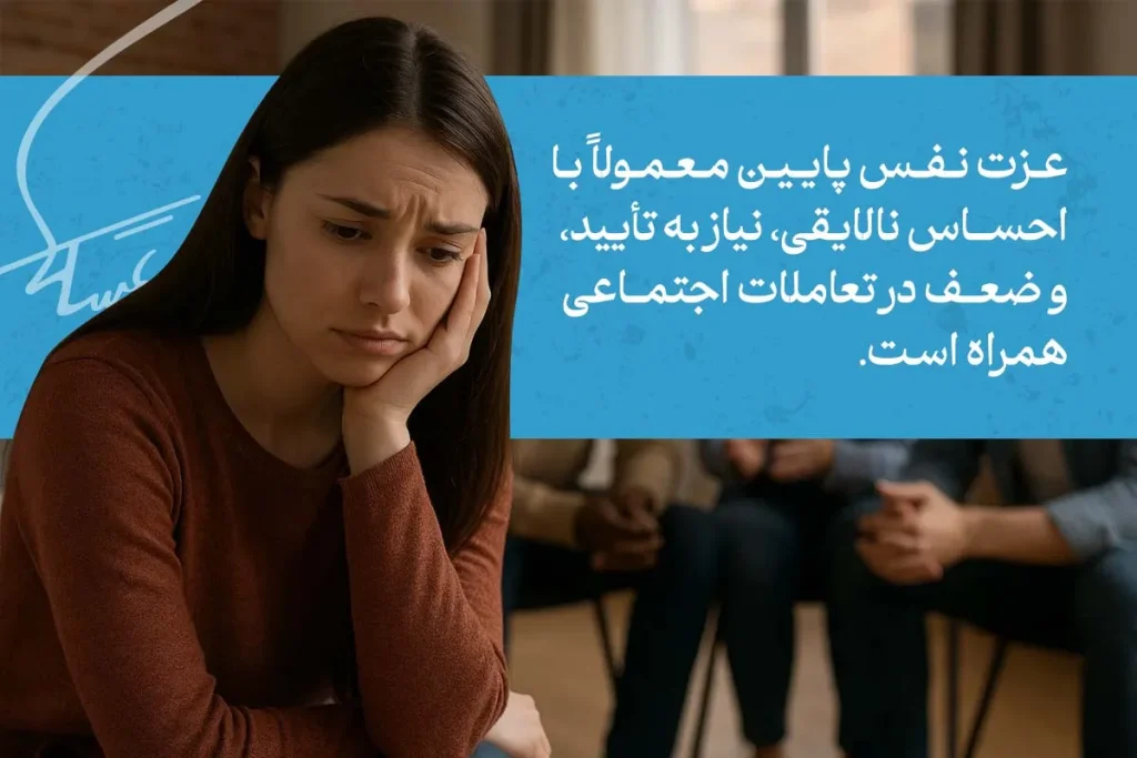 زن جوان ناراحت و مضطرب روی صندلی نشسته است، نمادی از ویژگی افراد با عزت نفس پایین و احساس نالایقی در اجتماع.