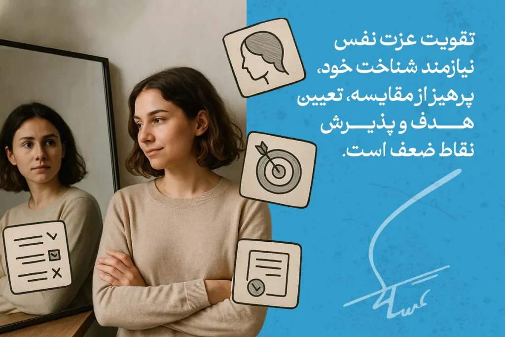 تصویر زنی در حال نگاه به آینه با نمادهای هدف و چک‌لیست؛ بیانگر راه های افزایش عزت نفس با شناخت خود و پذیرش نقاط ضعف.