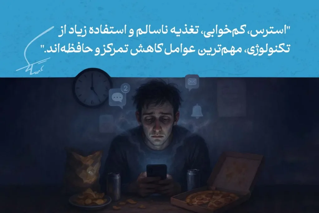 تصویری از فردی با استرس و استفاده زیاد از تکنولوژی، که تأثیر منفی بر تقویت و تمرکز حافظه دارد.
