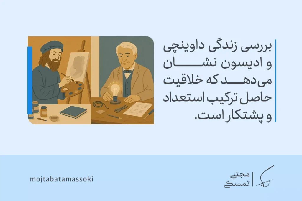 تصویر داوینچی و ادیسون که نشان می‌دهد خلاقیت حاصل ترکیب استعداد و پشتکار است و از تلاش فردی شکل می‌گیرد.