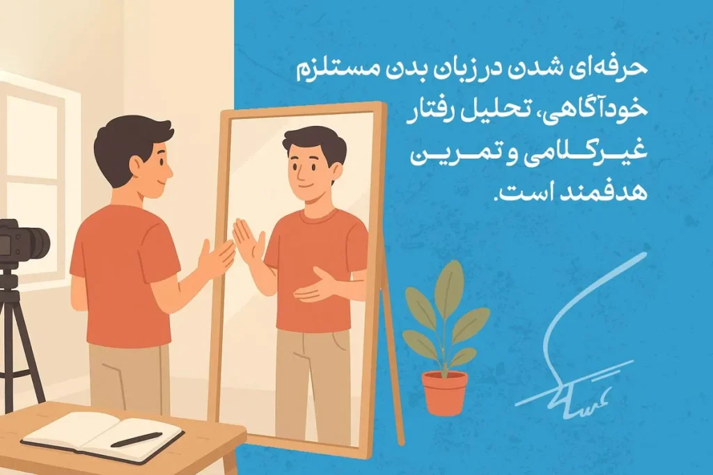 تصویر مردی در حال تمرین مقابل آینه برای بهبود ارتباط، نشان‌دهنده یادگیری تکنیک های زبان بدن و افزایش خودآگاهی است.