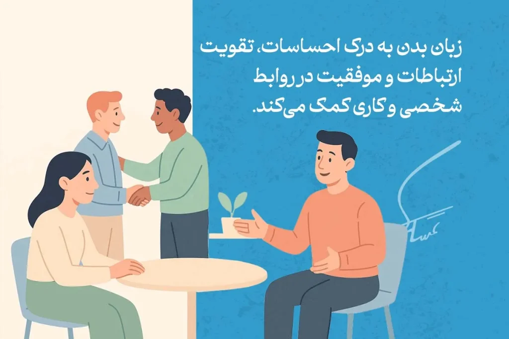 تصویر گفتگو و دست دادن افراد در جمع کاری، نشان‌دهنده اعتماد و استفاده از تکنیک های زبان بدن برای تقویت ارتباطات است.