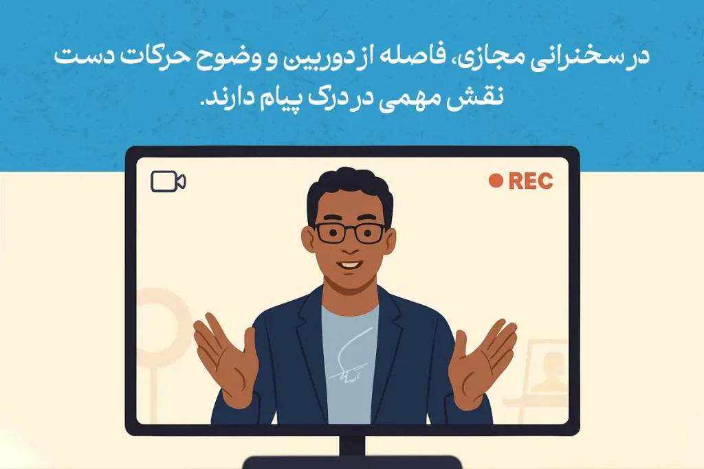 در سخنرانی مجازی، وضوح حرکات دست و فاصله از دوربین در زبان بدن در فن بیان و سخنرانی نقش مهمی در انتقال پیام دارد.