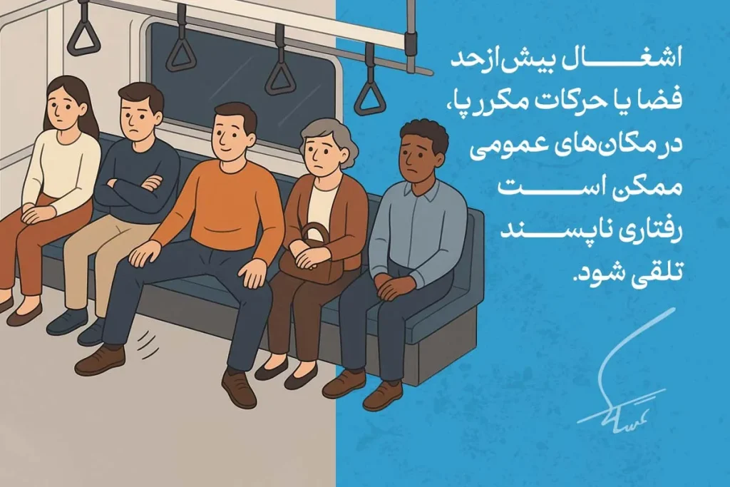 تصویری از افرادی در حال نشستن در یک قطار است که زبان بدن نشستن آن‌ها نشان‌دهنده ناراحتی یا بی‌حوصلگی است.