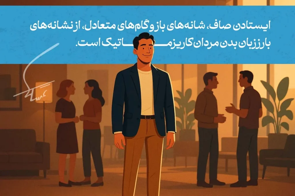 ایستادن صاف با شانه‌های باز و گام‌های متعادل، از ویژگی‌های زبان بدن کاریزماتیک مردان است.