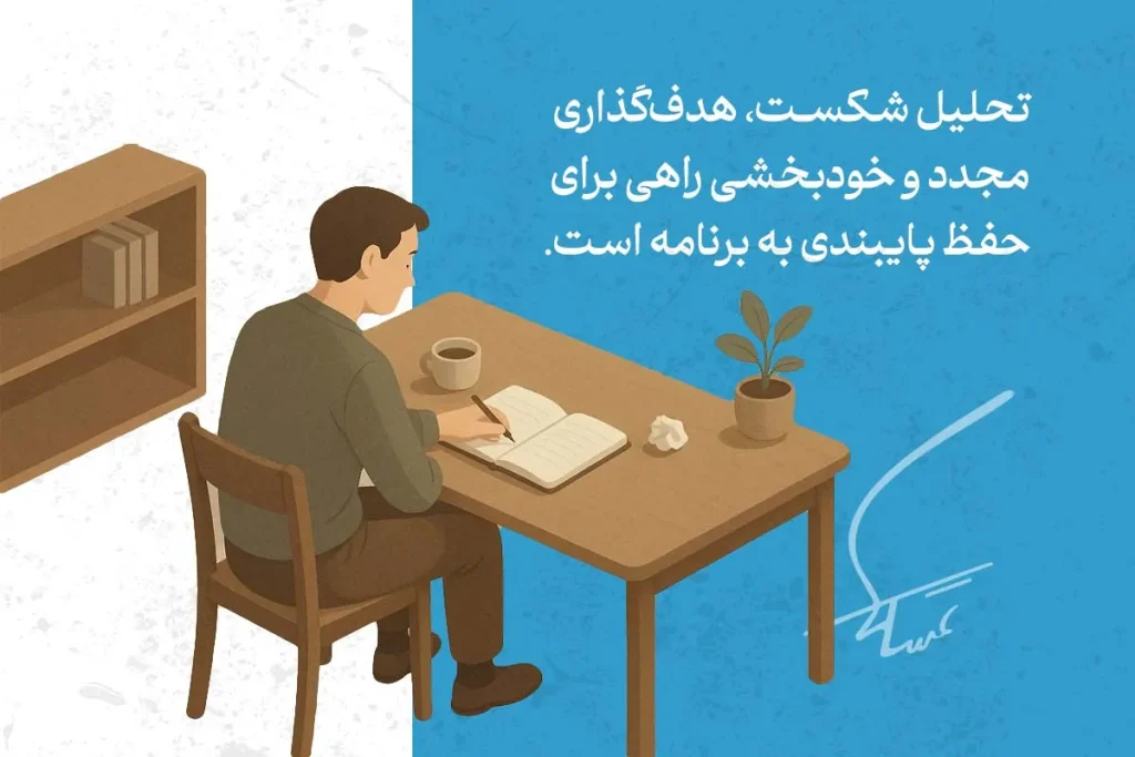 در تصویر، فردی در حال نوشتن در دفتر است که نشان‌دهنده پایبندی به برنامه‌ریزی و هدف‌گذاری مجدد برای حفظ موفقیت است.