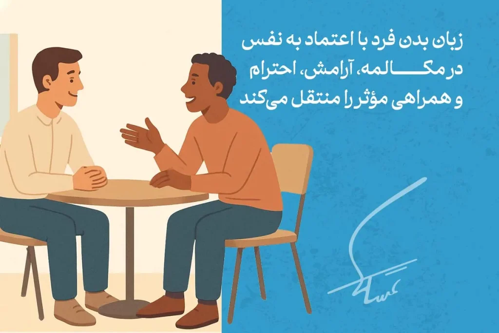 دو نفر در حال گفتگو با زبان اعتماد به نفس؛ آرامش، احترام و ارتباط مؤثر از ویژگی‌های زبان بدن در ارتباطات است.