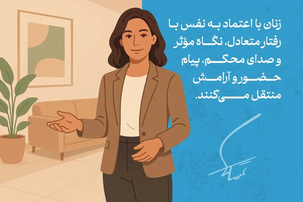 زنی با زبان اعتماد به نفس، رفتار متعادل، نگاه مؤثر و صدای محکم، حضور و آرامش خود را در ارتباطات نشان می‌دهد.
