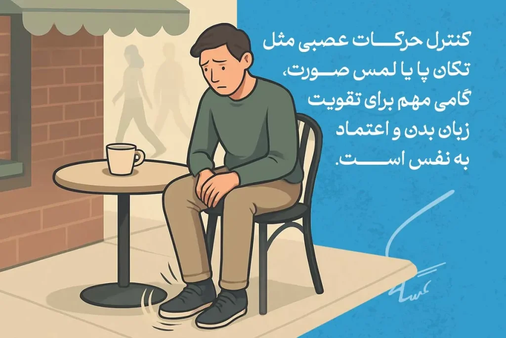 مردی که در حال کنترل حرکات عصبی است. زبان اعتماد به نفس با حرکات کنترل‌شده و آرامش در ارتباطات تقویت می‌شود.