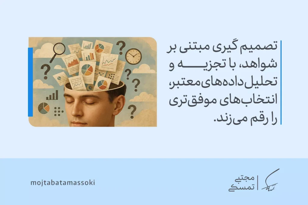 فردی با ذهن آرام، در حال تجزیه و تحلیل داده‌ها و نمودارها، نمادی از تفکر انتقادی در تصمیم‌گیری است.
