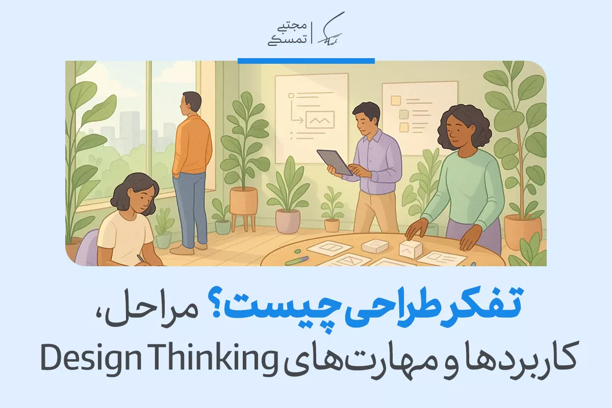 تفکر طراحی با نمایش تیمی در حال همکاری و ایده‌پردازی برای حل مسئله و نوآوری در یک محیط کاری تصویر شده است.