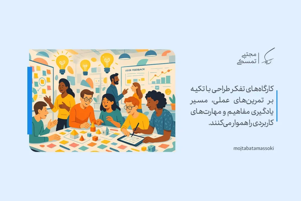 تفکر طراحی با نمایش کارگاهی پرانرژی که افراد در تمرین‌های عملی و یادگیری مهارت‌های کاربردی مشارکت دارند تصویر شده است.