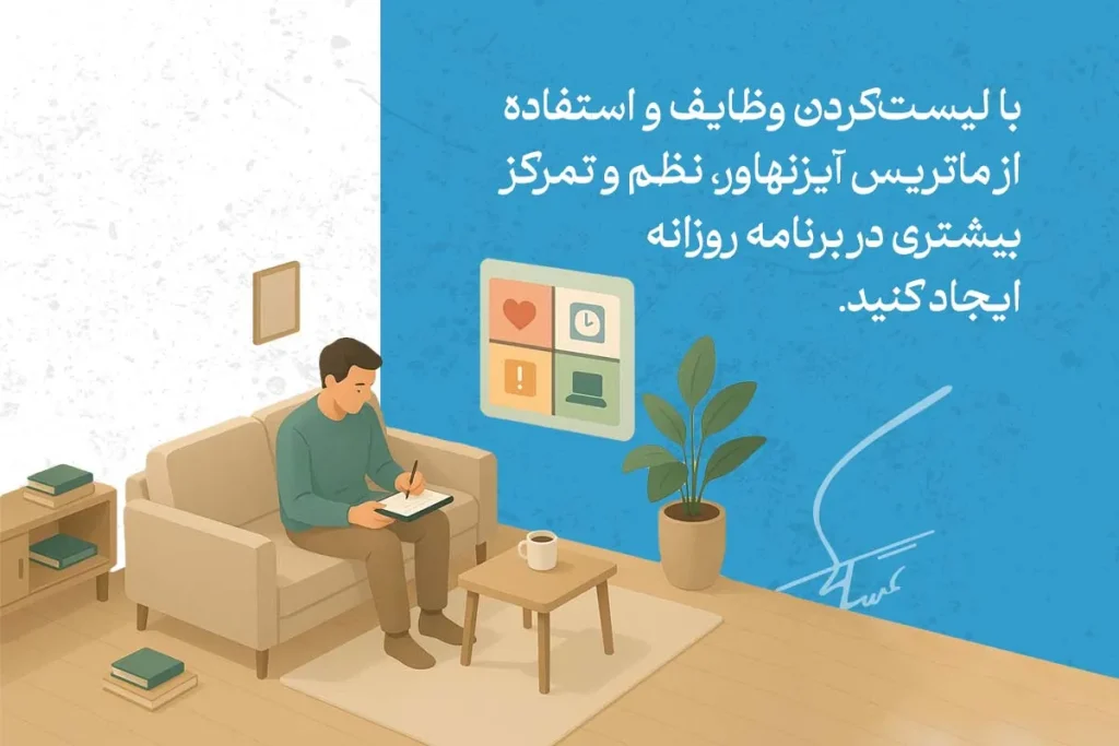 در تصویر، ماتریس آیزنهاور برای اولویت‌بندی وظایف و ایجاد برنامه روزانه با تمرکز و نظم نشان داده شده است.