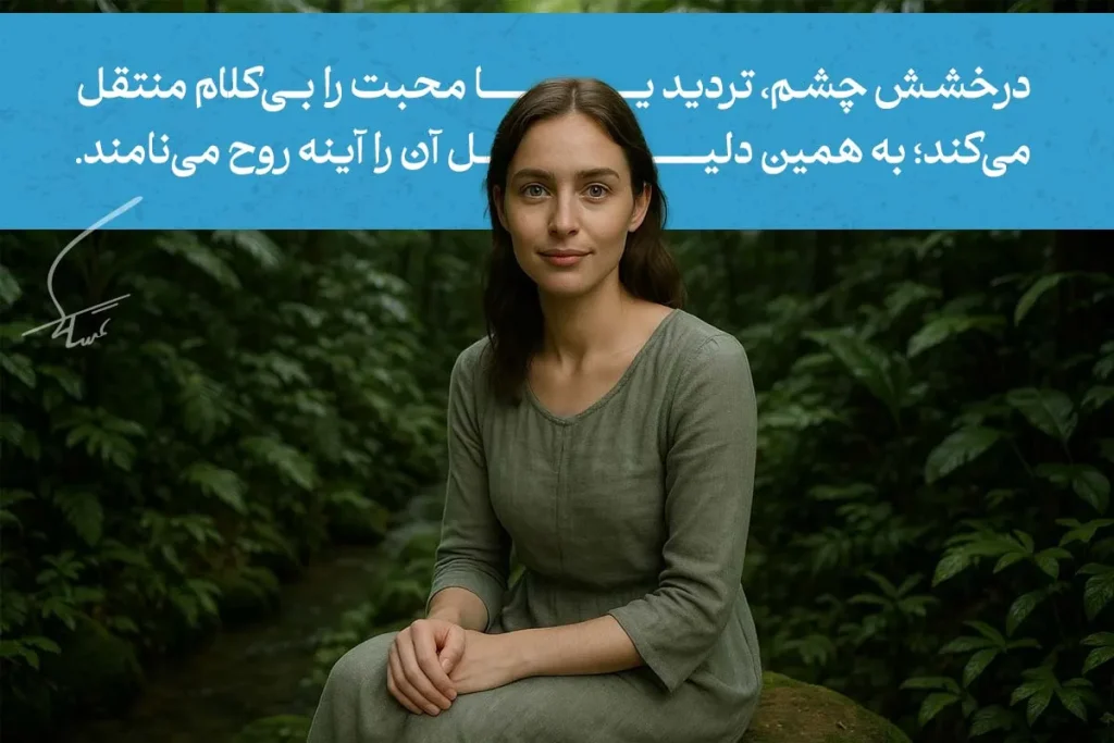 زبان بدن چشم زن در این تصویر نشان‌دهنده آرامش و تمرکز است، با نگاهی عمیق و توجه به محیط اطراف.