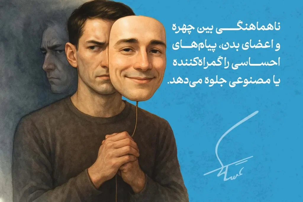 در تصویر، تفاوت‌های زبان بدن چهره و احساسات واقعی نمایش داده شده که فرد ماسکی مصنوعی در دست دارد.