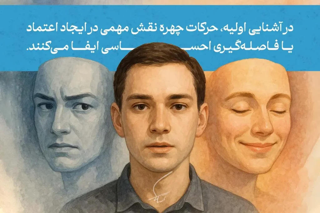 در تصویر، زبان بدن چهره نقش مهمی در ایجاد اعتماد یا فاصله احساسی ایفا می‌کند. حرکات صورت تاثیر زیادی در این احساسات دارند.