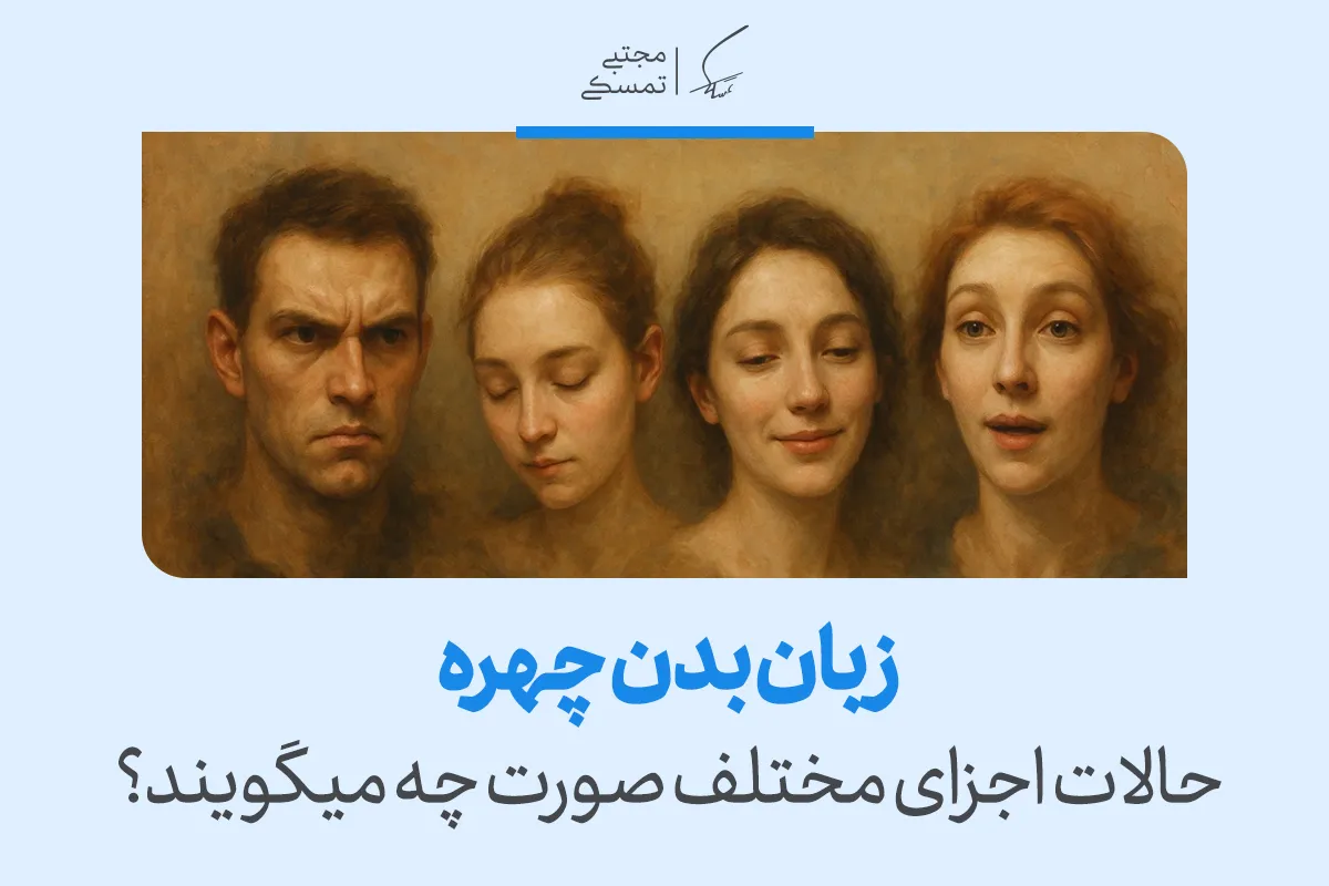 چهار چهره با حالات مختلف نشان‌دهنده زبان بدن چهره؛ هر حالت صورت می‌تواند احساسات و افکار مختلف را منتقل کند.