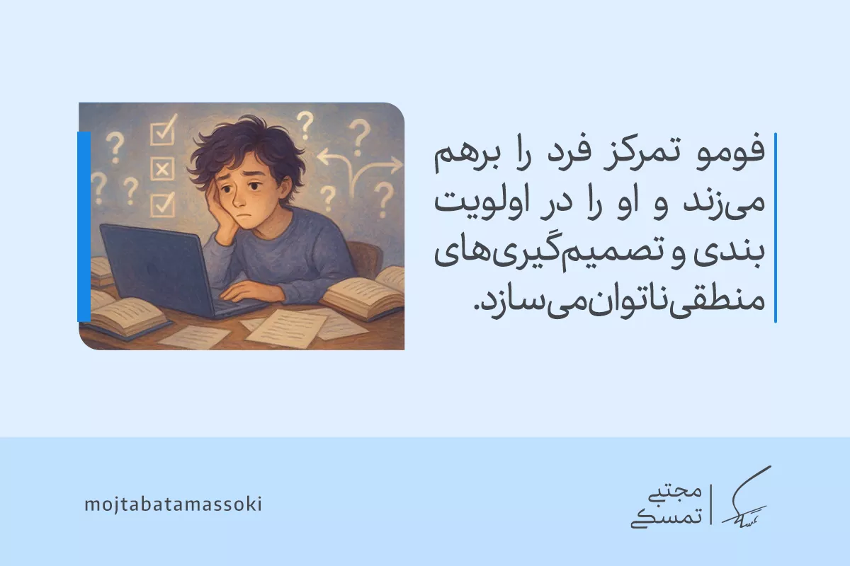 تصویر پسری خسته پشت لپ‌تاپ میان علامت سؤال‌ها، نشان‌دهنده حواس‌پرتی و ترس از دست دادن فرصت‌ها در زندگی است.