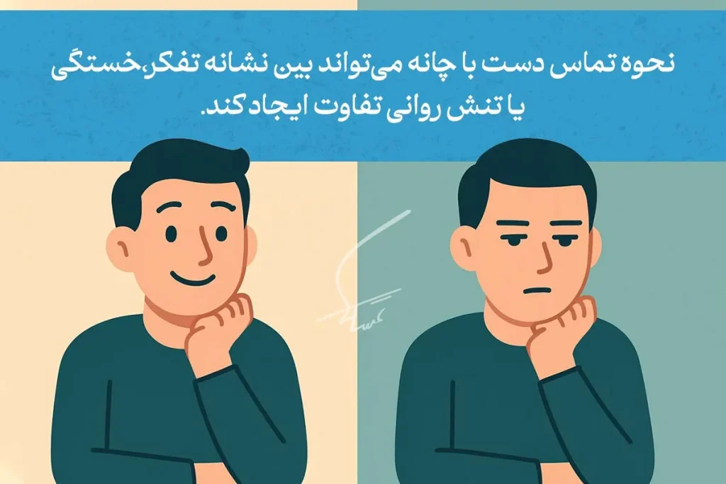 دو مرد در حال استفاده از زبان بدن دست زیر چانه در موقعیت‌های مختلف؛ یکی آرام و دیگری نگران، که نشان‌دهنده تفکر و تنش است.