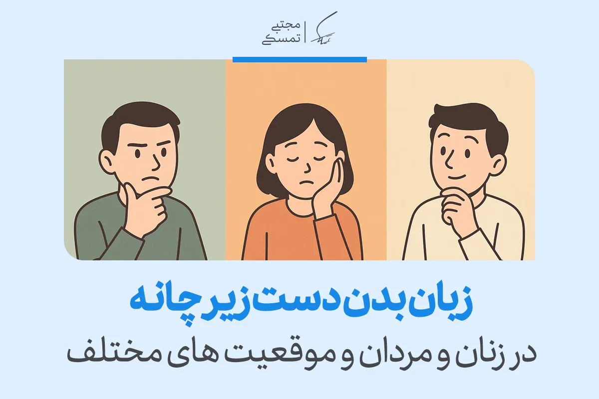 سه نفر در حال استفاده از زبان بدن دست زیر چانه در موقعیت‌های مختلف. این حرکت می‌تواند نشانه تفکر، تردید یا اعتماد به نفس باشد.