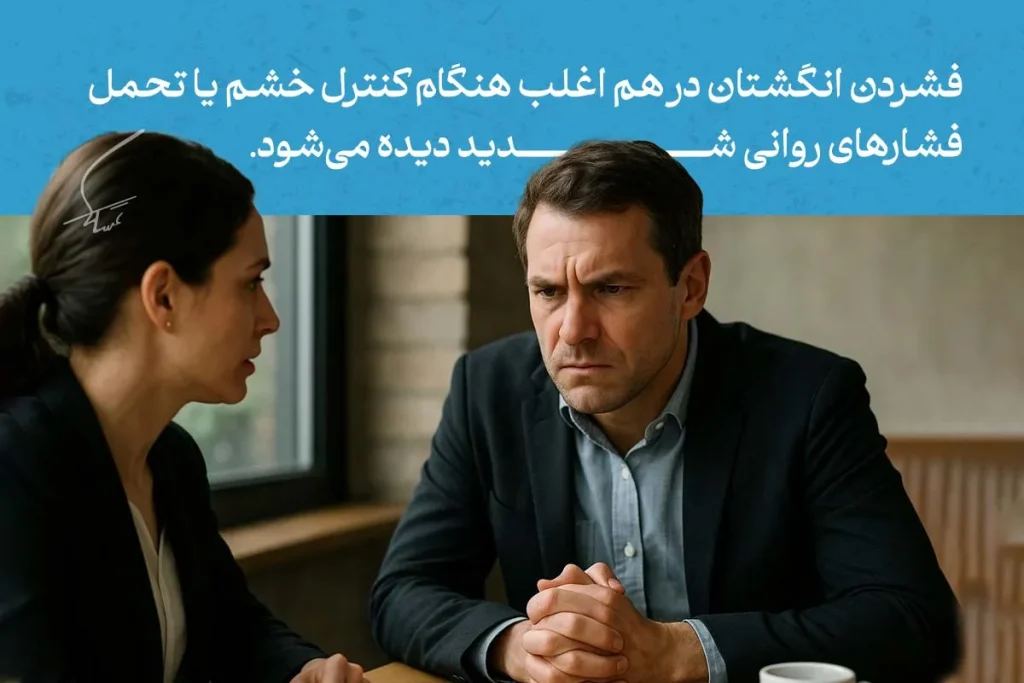 زبان بدن دست ها در حالت فشردن انگشتان نشان‌دهنده خشم کنترل‌شده یا فشار روانی مرد در گفت‌وگوی جدی است.