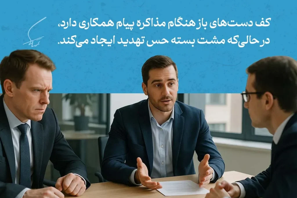 زبان بدن دست ها در حالت کف دست باز هنگام مذاکره، نشان‌دهنده همکاری و اعتماد مرد در جلسه کاری رسمی است.