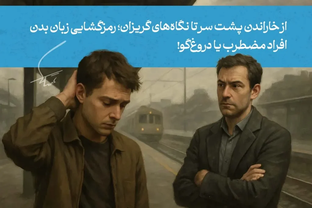 تصویر دو مرد با زبان بدن سر نشان‌دهنده تنش و اضطراب است. حرکت دست به گردن و حالت چهره نشانه‌ای از عدم راحتی یا دروغگویی است.