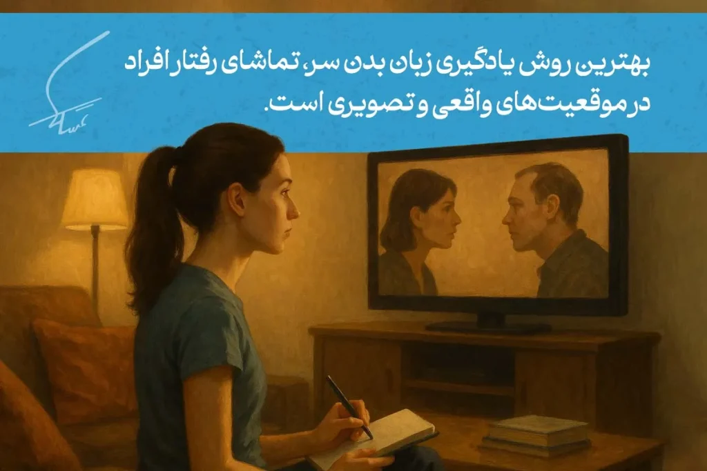 تصویر یک زن که در حال تحلیل رفتار افراد از طریق زبان بدن سر است. این روش در تحلیل روابط و موقعیت‌های اجتماعی مفید است.