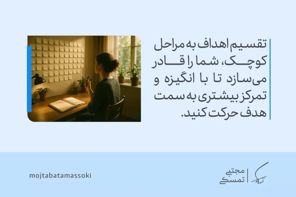 تصویر فردی که اهداف خود را به مراحل کوچک تقسیم می‌کند، نمایی از زندگی هدفمند با تمرکز بر گام‌های کوچک و مؤثر.