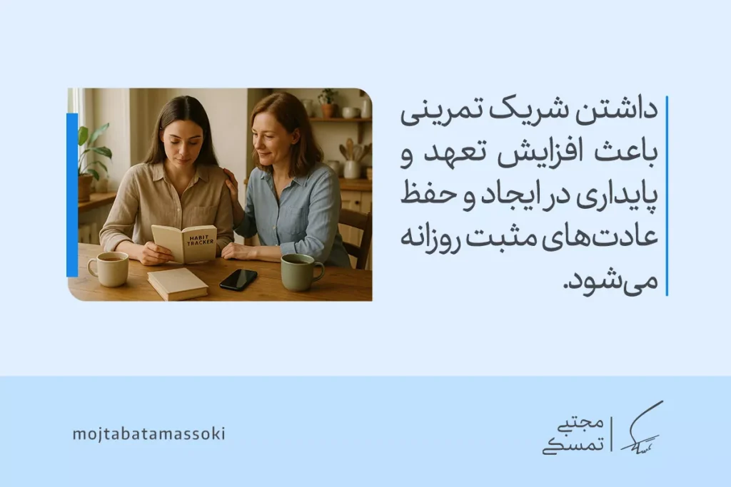 دو زن در حال مرور دفترچه عادت‌ساز نشان می‌دهند که حمایت اجتماعی می‌تواند در ایجاد و حفظ عادت خوب نقش داشته باشد.