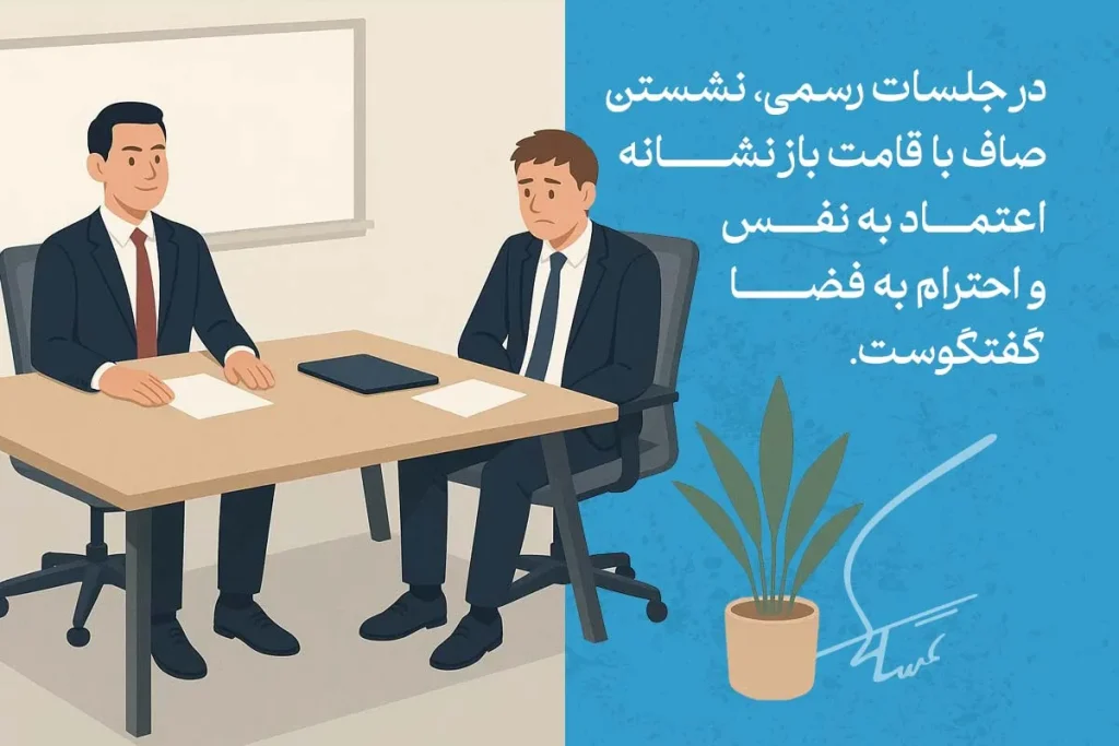 تصویری از دو مرد در یک جلسه رسمی است که زبان بدن نشستن آن‌ها نشان‌دهنده اعتماد به نفس و احترام به فضای گفتگو است.