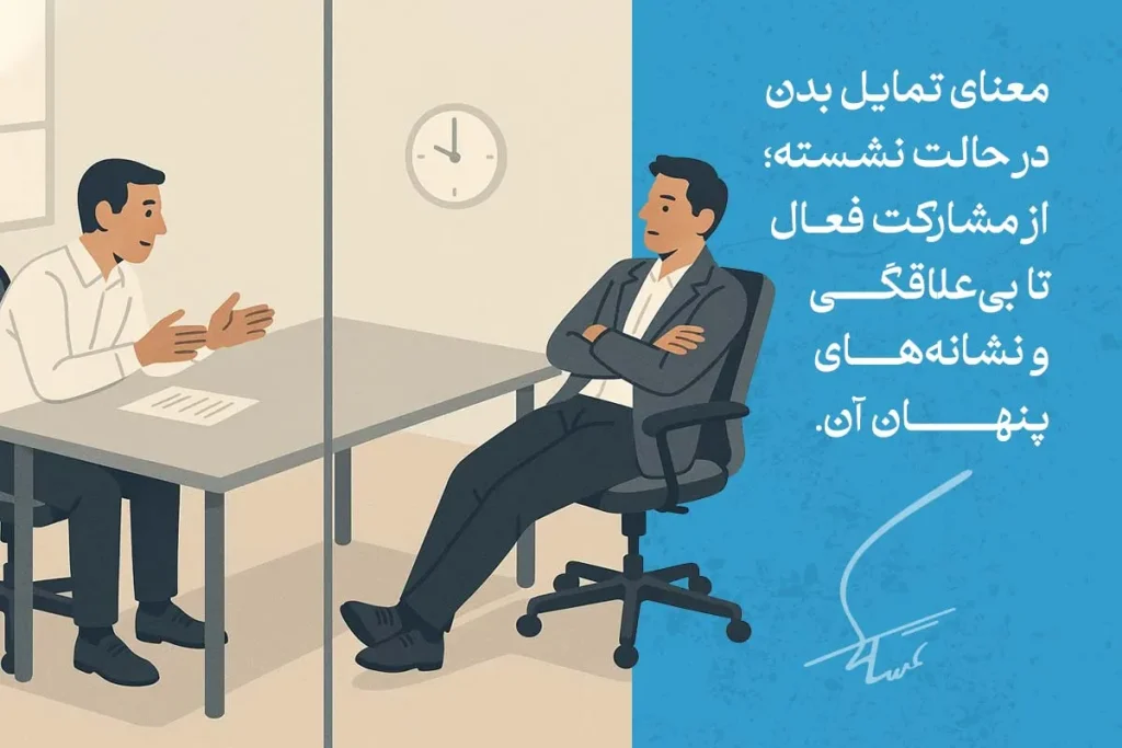 تصویری از دو نفر در حال گفتگو است. زبان بدن نشستن نشان‌دهنده تفاوت در علاقه‌مندی و ارتباط بین افراد است.