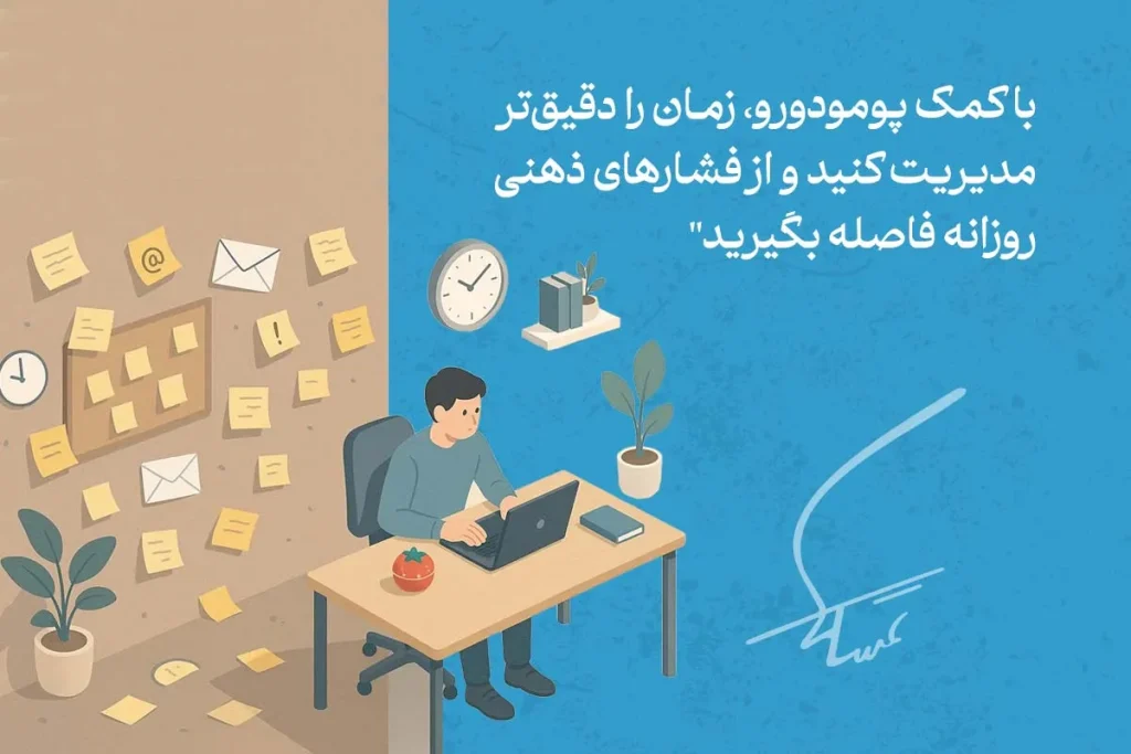 در تصویر، تکنیک پومودورو با استفاده از تایمر و تقسیم زمان به فواصل مشخص برای مدیریت بهتر زمان و کاهش استرس نشان داده شده است.