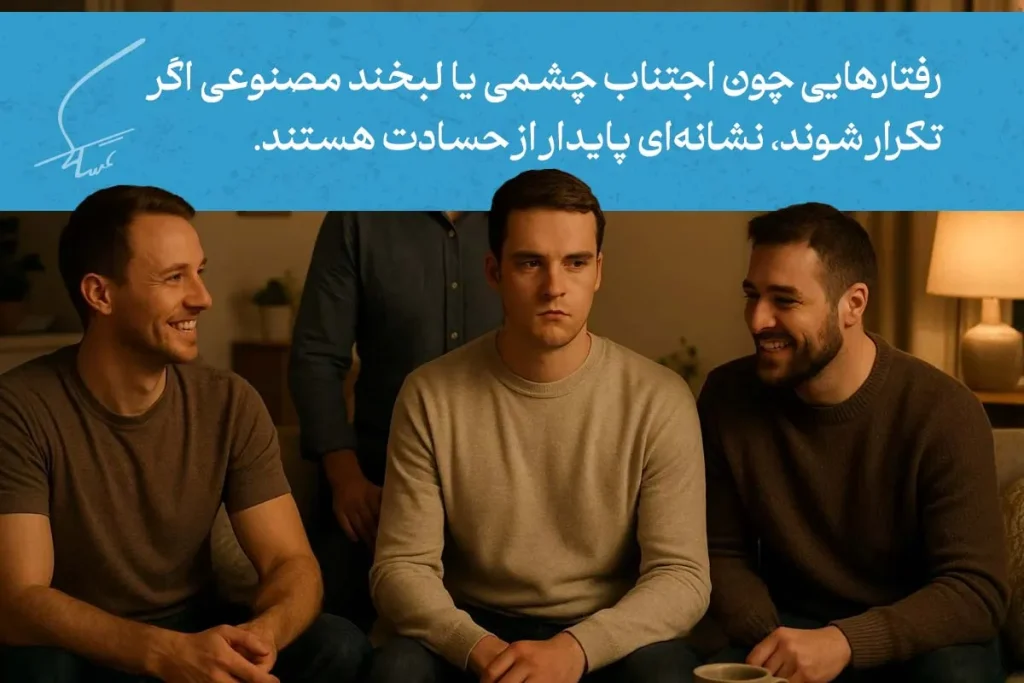 زبان بدن افراد حسود در جمع دوستان با نگاه سرد، اجتناب چشمی و نشستن بی‌روح نشان‌دهنده حسادت پنهان و نارضایتی است.