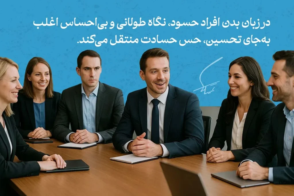 زبان بدن افراد حسود در جلسه کاری با نگاه سرد و بی‌احساس در کنار دیگران خندان، نشانه‌ای از حسادت و نارضایتی پنهان است.