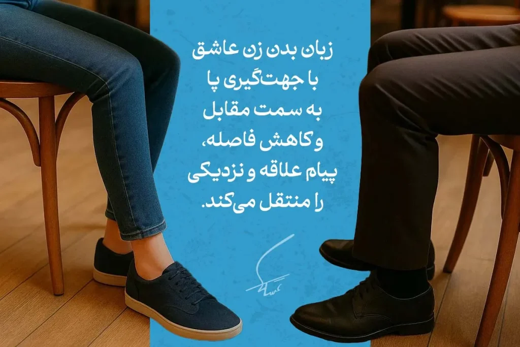 زبان بدن پاها در تصویر، با جهت‌گیری پای زن به سمت مرد و کاهش فاصله، پیام علاقه و تمایل به نزدیکی را نشان می‌دهد.