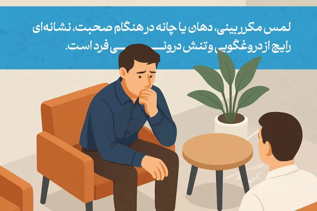 تصویر نشان‌دهنده رفتار زبان بدن افراد دروغگو با لمس صورت و نشانه‌های استرس در طول گفت‌وگو است.