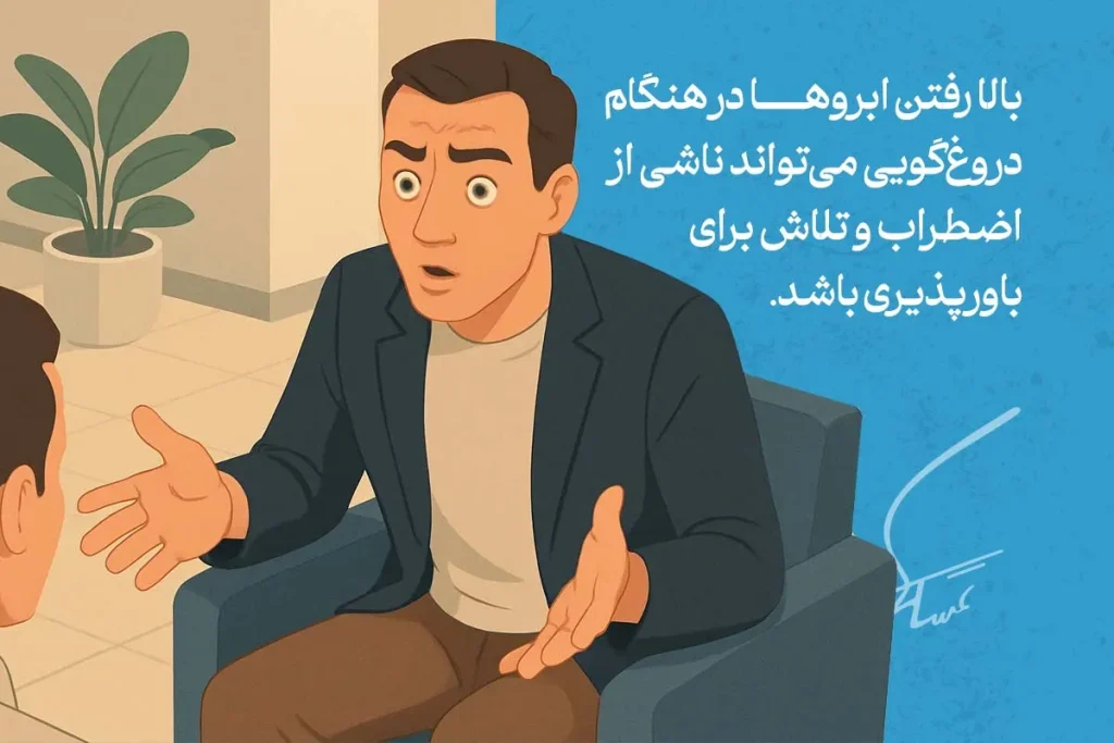 تصویر نشان‌دهنده زبان بدن افراد دروغگو است که با بالا بردن ابروها نشانه‌هایی از استرس و تلاش برای باورپذیری را نشان می‌دهد.