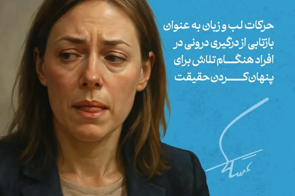 تصویر زنی که زبان بدن لب در زنان و مردان را نشان می‌دهد. او با زبان خود به دندان می‌زند که نشانه‌ای از تلاش برای پنهان کردن حقیقت است.