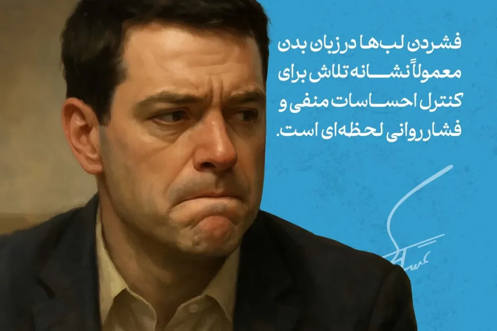 تصویر مردی در حال فشار دادن لب‌های خود است که در زبان بدن لب در زنان و مردان، نمادی از تلاش برای کنترل احساسات و فشار روانی است.