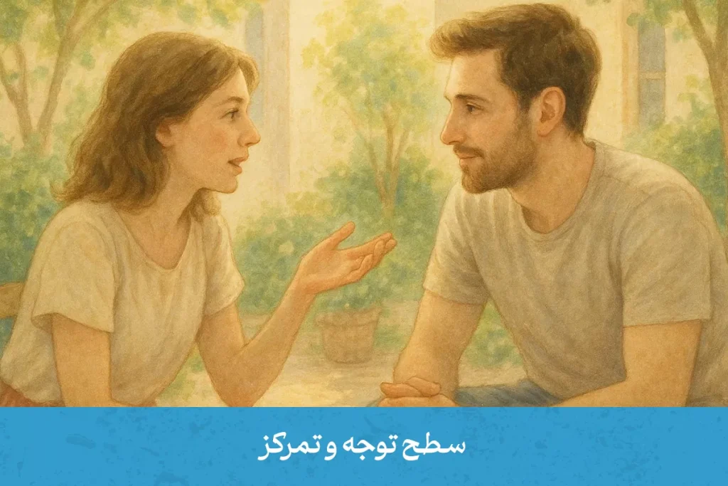 زبان بدن مرد عاشق هنگام گفت‌وگو با نگاه عمیق و توجه کامل به زن، نشانگر علاقه و تمرکز در رابطه عاشقانه است.