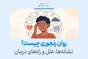 مردی نگران با ذهنی درهم و نماد قلب شکسته و ابر تیره، نشانه‌های اضطراب و حساسیت بالا در روان رنجوری را تجربه می‌کند.