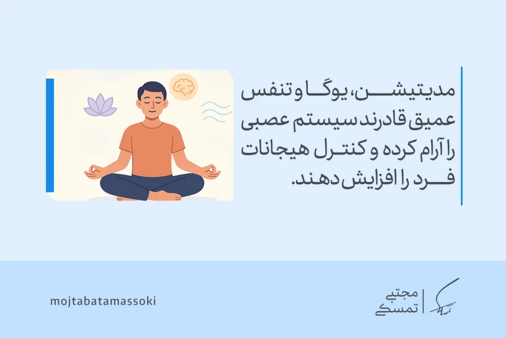 مردی در حال مدیتیشن و تنفس عمیق روی زمین نشسته و با آرامش ذهنی بر کنترل احساسات و درمان روان رنجوری تمرکز می‌کند.