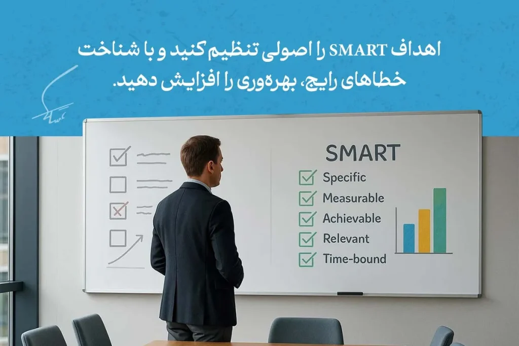 در تصویر، مردی در حال مشاهده تخته اهداف SMART است که با تنظیم اصولی، بهره‌وری را افزایش می‌دهد.