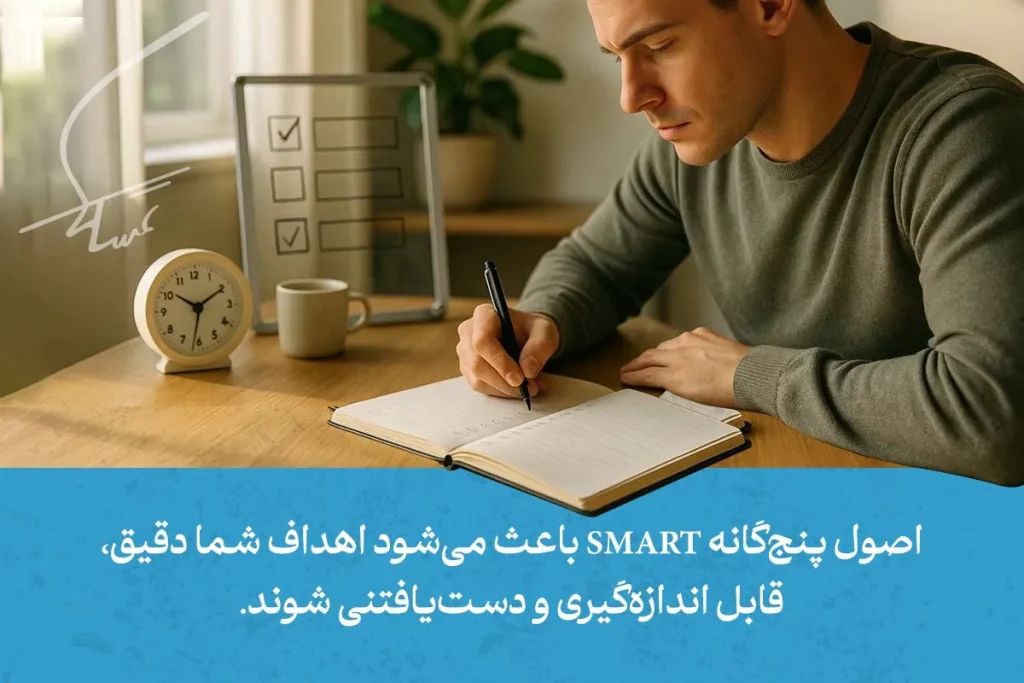 در تصویر، فردی در حال نوشتن اهداف است که نشان می‌دهد هدف گذاری SMART دقت و دست‌یافتنی بودن اهداف را تضمین می‌کند.